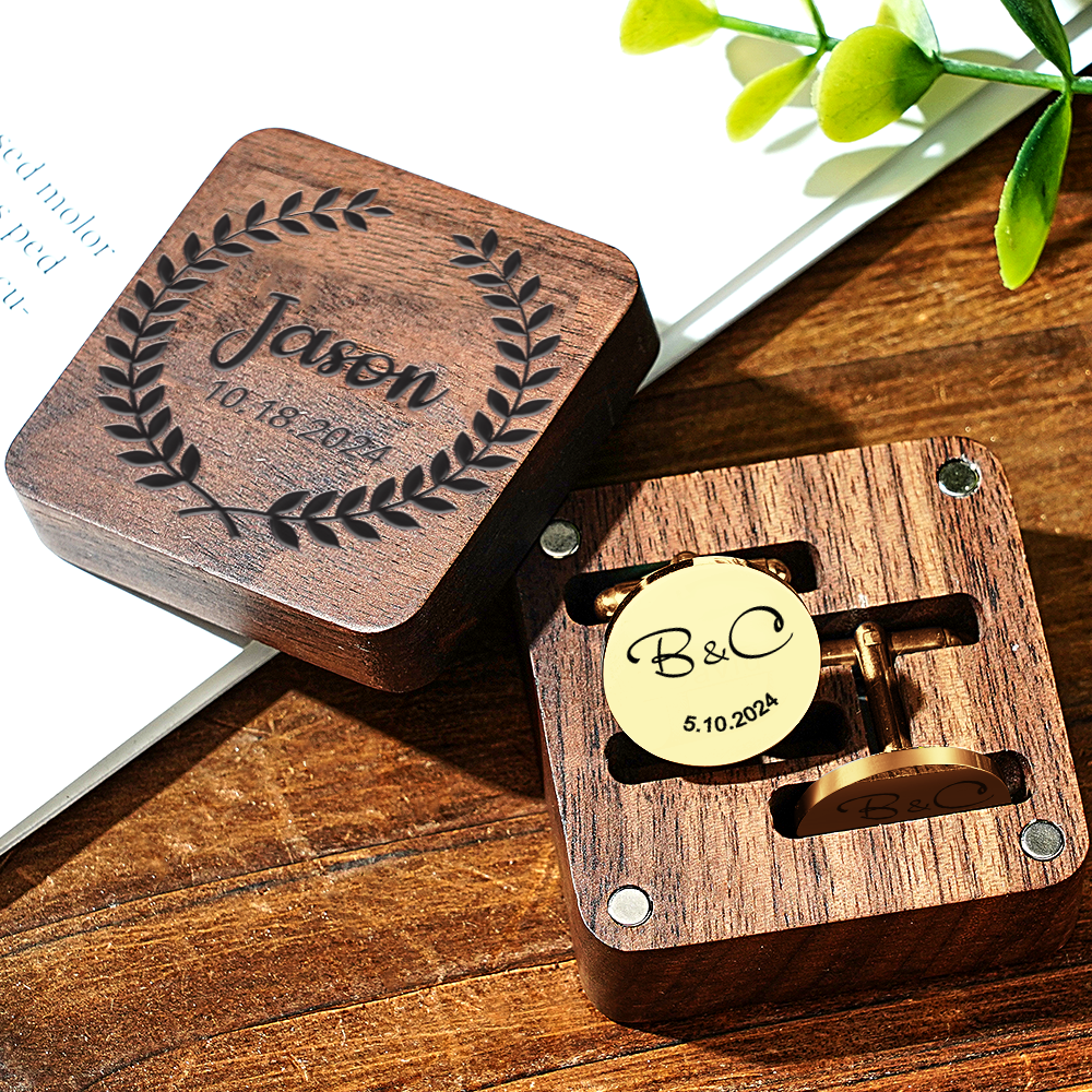 Engraved Cufflinks Set with Wooden Box