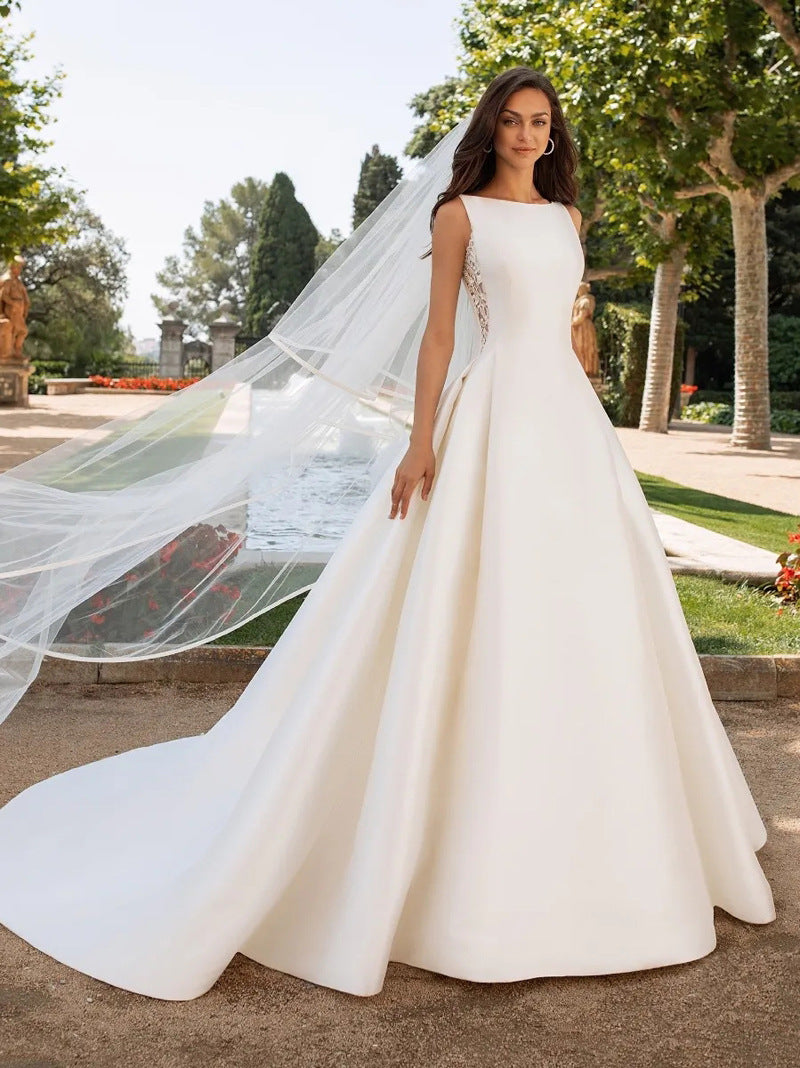 Full Satin high neck lace back wedding dress