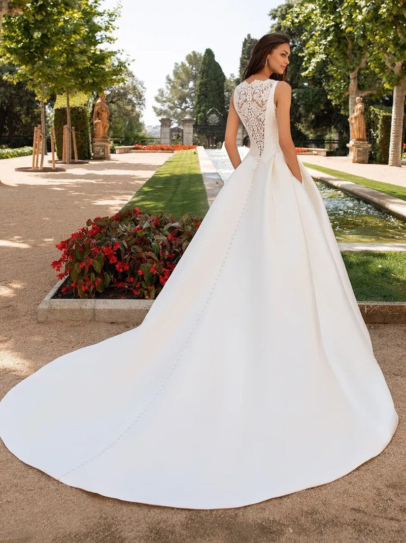 Back Satin high neck lace back wedding dress