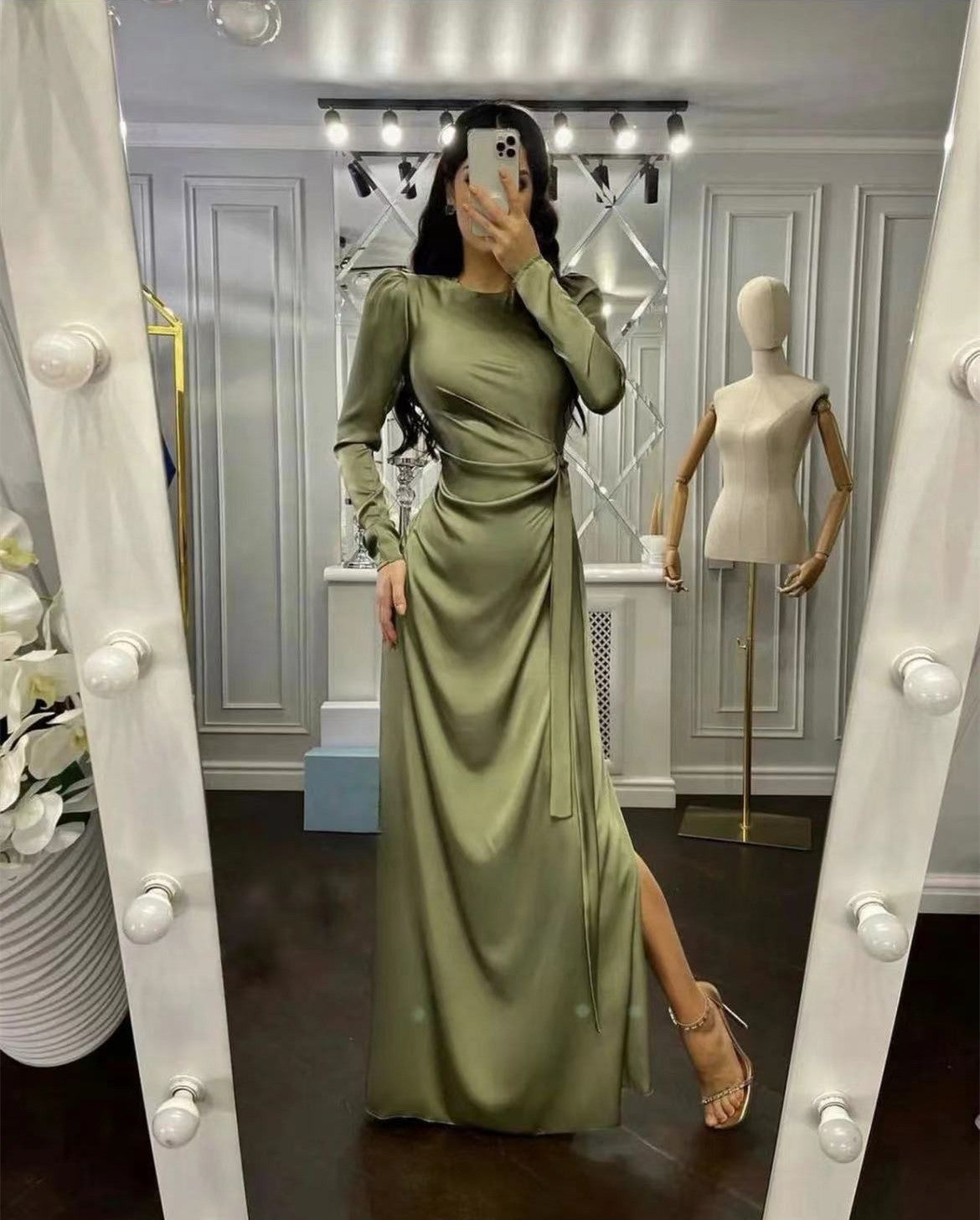 Green Satin Evening Dress