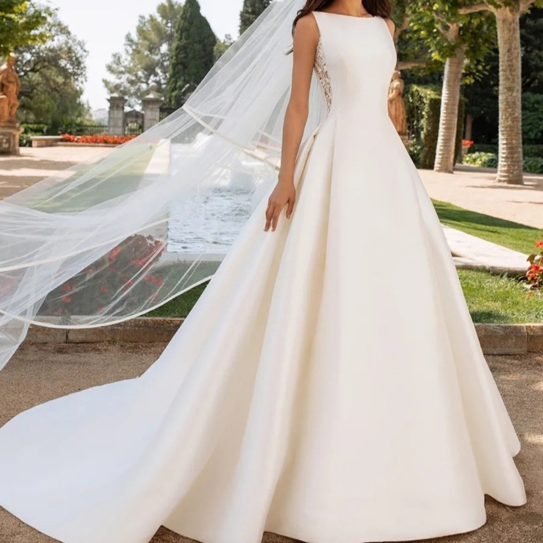 Satin high neck lace back wedding dress