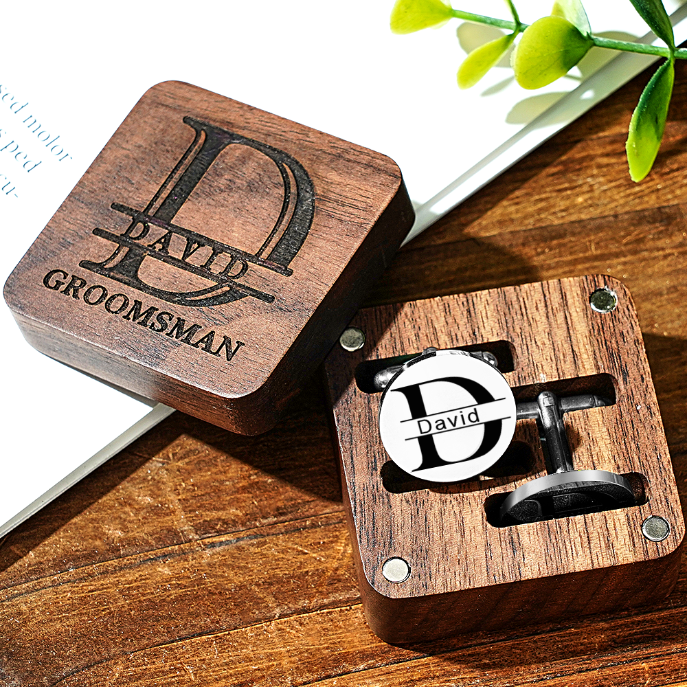 Engraved Cufflinks Set with Wooden Box